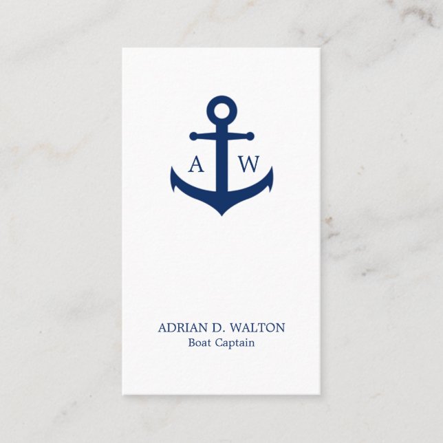 Nautical Navy Blue and White Monogram Vertical Business Card (Front)
