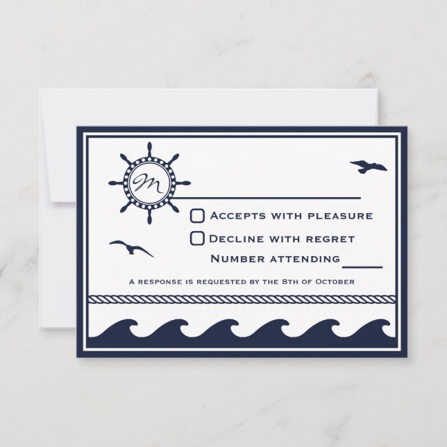 Nautical navy blue and white RSVP Card (Front)