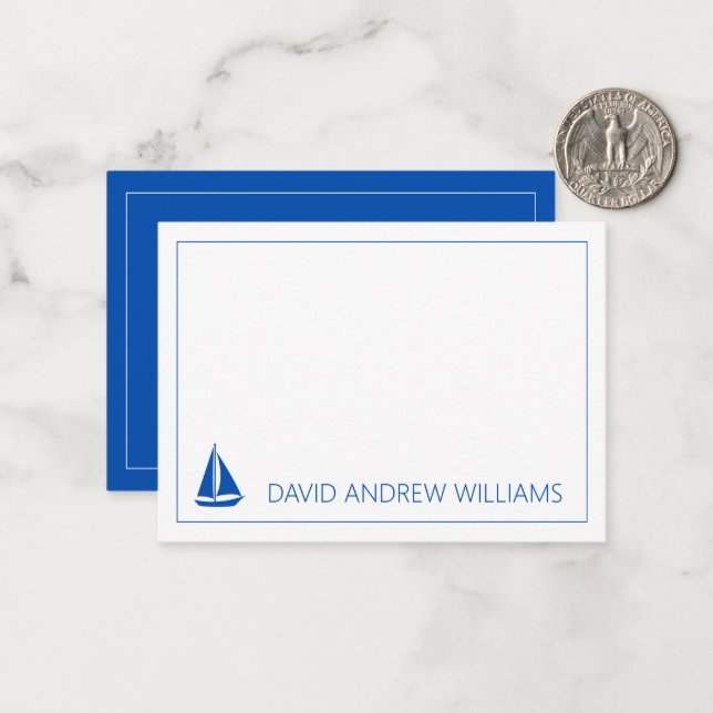 Nautical Navy Blue and White Sailboat Personalized Card (Front/Back In Situ)