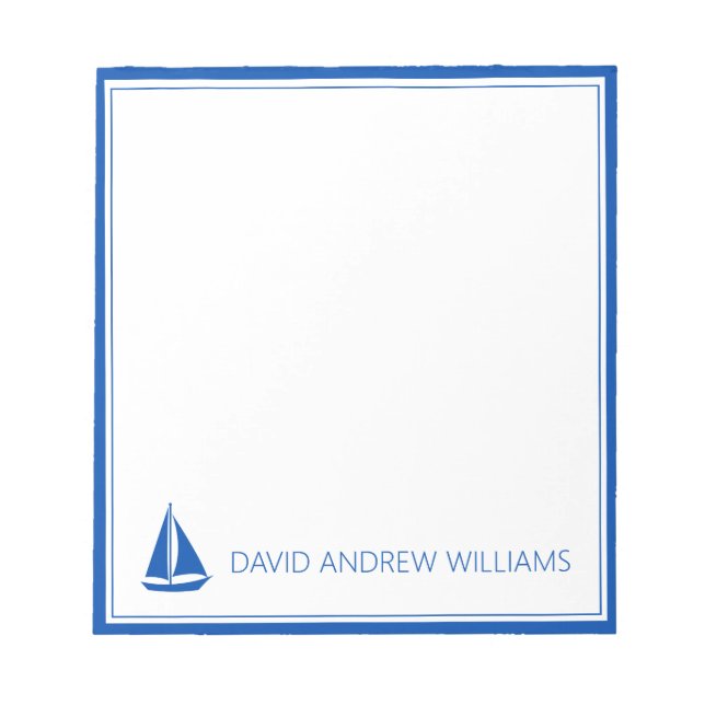 Nautical Navy Blue and White Sailboat Personalized Notepad (Front)