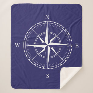 Nautical Navy Blue and White Sailing Ship Compass Sherpa Blanket