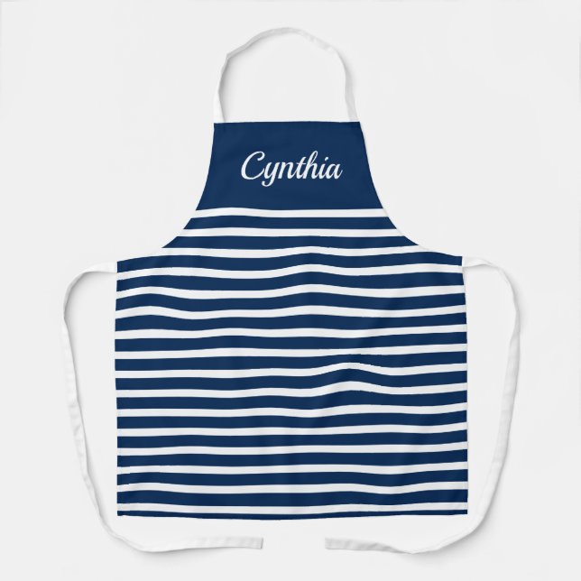 Nautical navy blue and white stripe custom kitchen apron (Front)