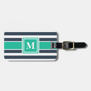 Nautical Navy Blue and White Striped Monogram Luggage Tag