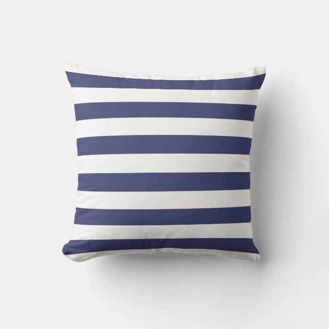 Nautical Navy Blue and White Striped Throw Pillow (Front)