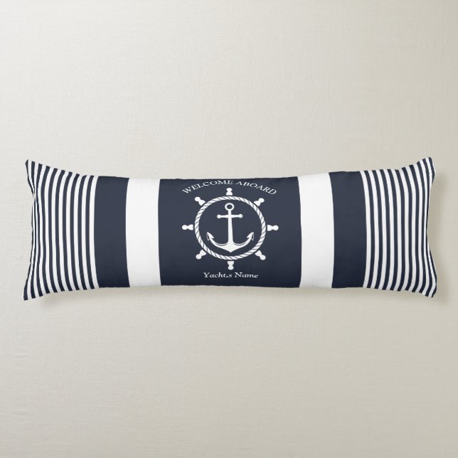 Nautical Navy blue and white striped with Anchor Body Pillow (Front)