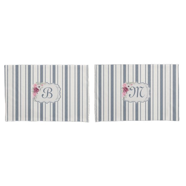 Nautical Navy blue and white striped with Anchor P Pillowcase (Front-Set)