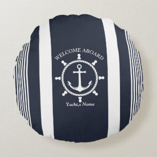 Nautical Navy blue and white striped with Anchor Round Pillow