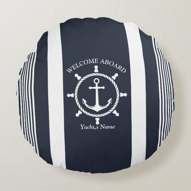 Nautical Navy blue and white striped with Anchor Round Pillow (Front)