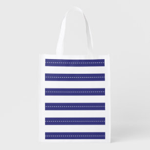 Nautical Navy Blue And White Stripes Pattern Reusable Grocery Bag