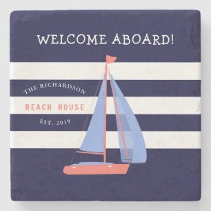 Nautical Navy Blue and White Stripes & Sailboat Stone Coaster