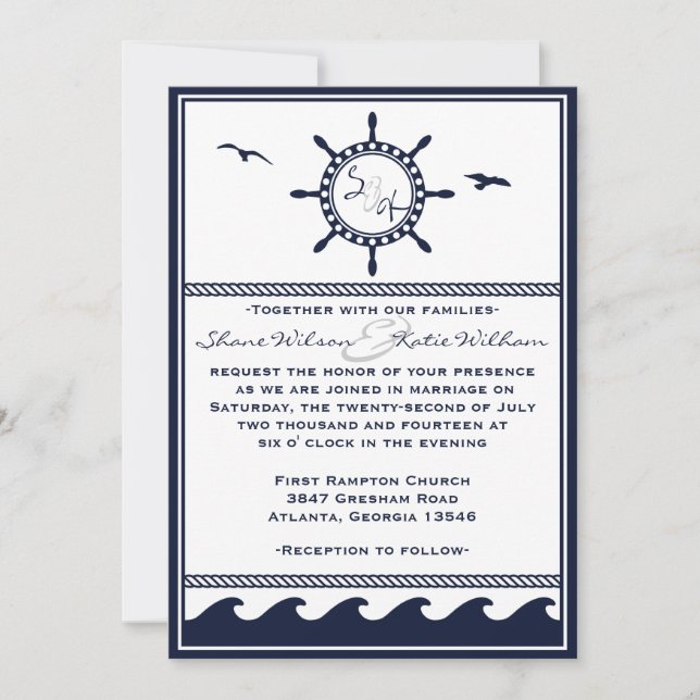 Nautical navy blue and white wedding invitations (Front)