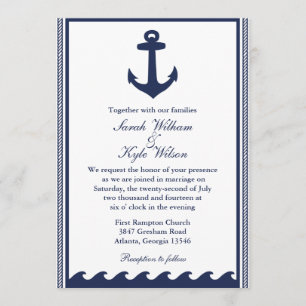 Nautical navy blue and white wedding invitations