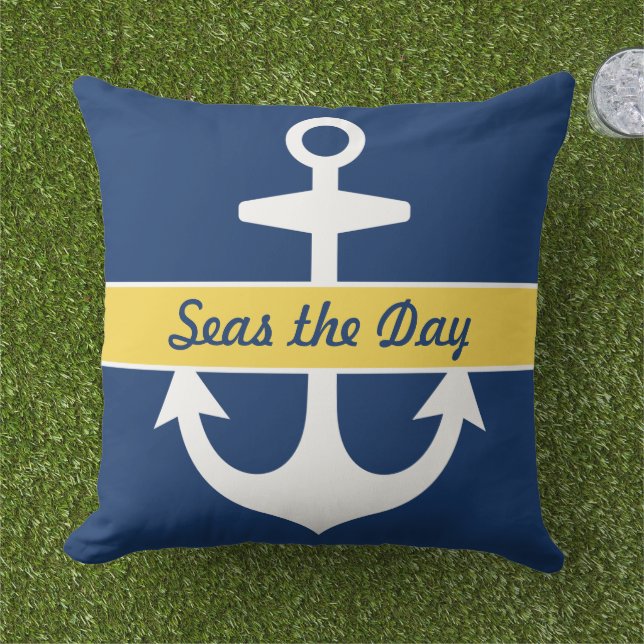 Nautical Navy Blue and Yellow Custom Boat Name Throw Pillow (Grass)
