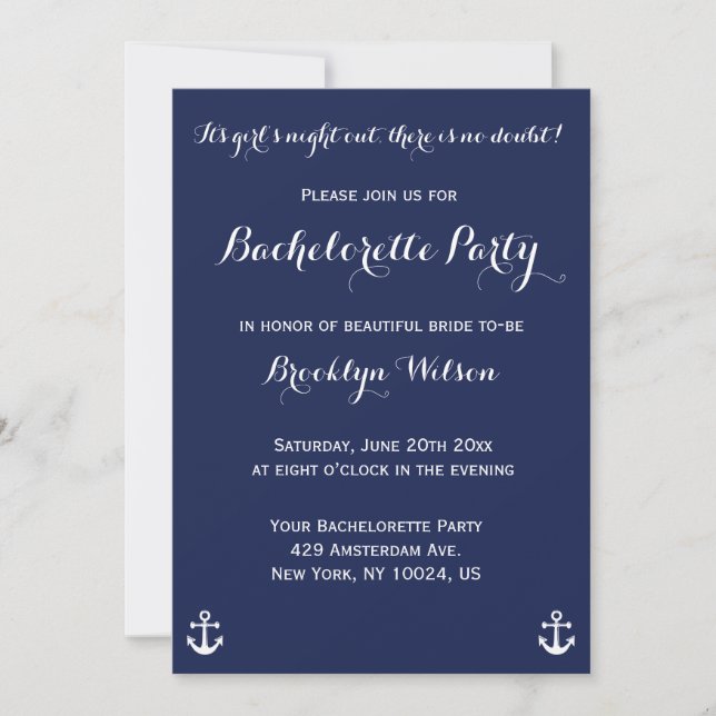 Nautical Navy Blue Bachelorette Party Invites (Front)