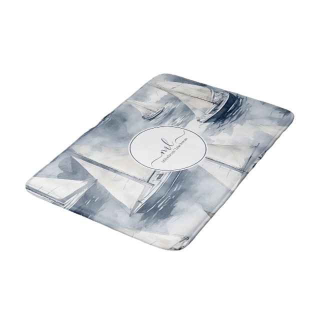 Nautical navy blue boat monogram bath mat (Angled)