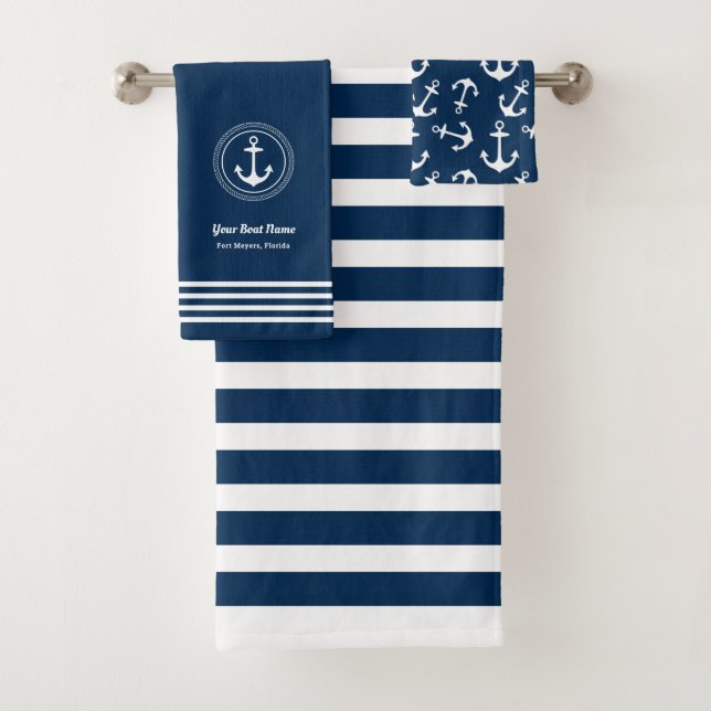 Nautical Navy Blue Boat Name Anchor Bath Towel Set (Insitu)