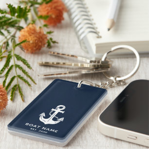 Nautical Navy Blue Boat Name Anchor Keychain