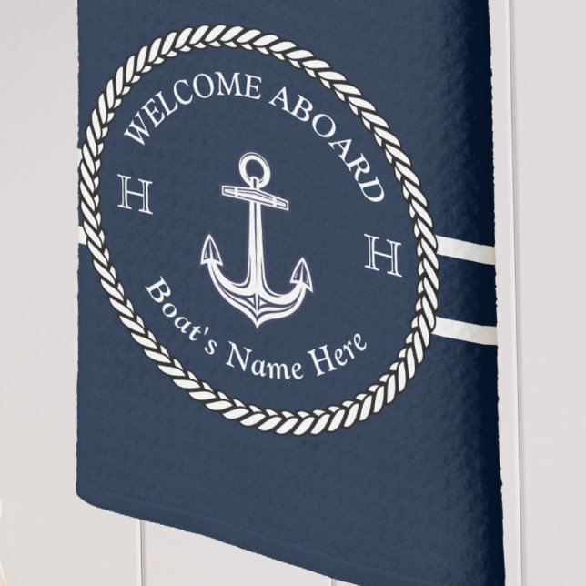 Nautical Navy Blue Boat Name Anchor Rope Kitchen Towel (Creator Uploaded)