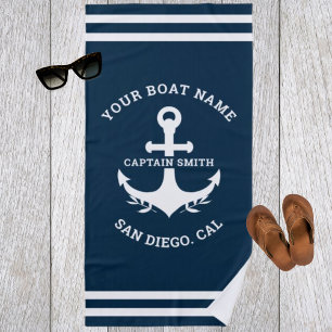 Nautical Navy Blue Boat Name Beach Towel