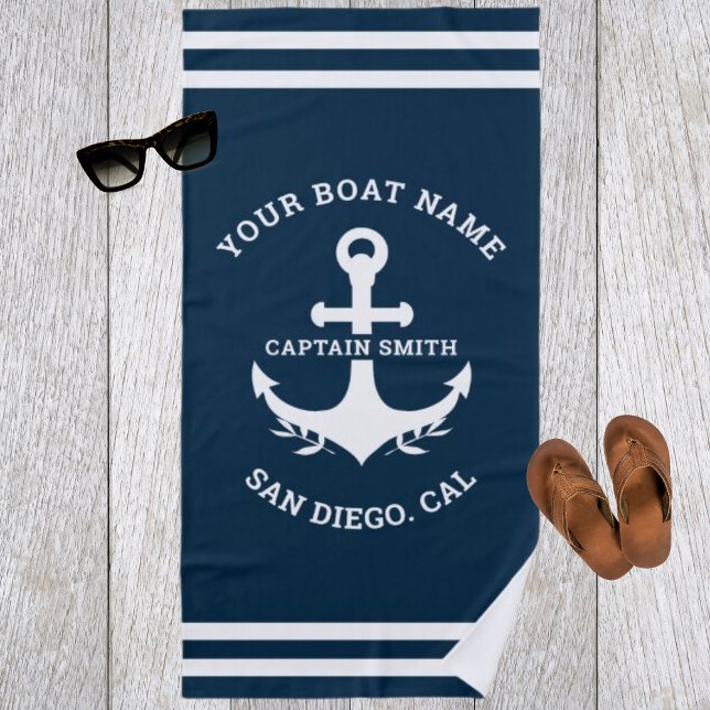 Nautical Navy Blue Boat Name Beach Towel (Creator Uploaded)