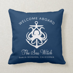 Nautical Navy Blue Boat Name Throw Pillow