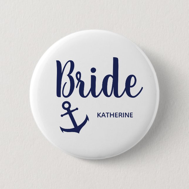 Nautical navy blue bride anchor 2 inch round button (Front)