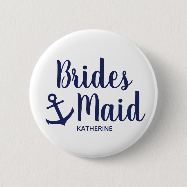 Nautical navy blue bridesmaid anchor 2 inch round button (Front)