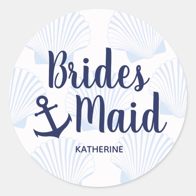 Nautical navy blue bridesmaid with anchor & shells classic round sticker (Front)