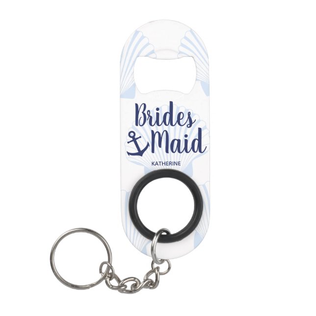 Nautical navy blue bridesmaid with anchor & shells keychain bottle opener (Front)
