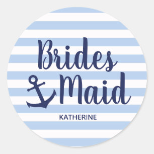 Nautical navy blue bridesmaid with anchor & stripe classic round sticker