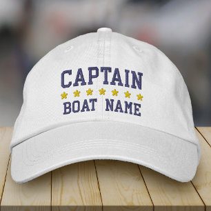 Nautical Navy Blue Captain Your Boat Name White Embroidered Hat