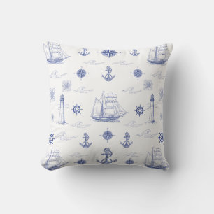 Nautical Navy Blue Coastal Beach Ships Throw Pillow
