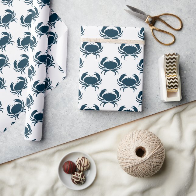 Nautical Navy Blue Crab Pattern Wrapping Paper (Crafts)