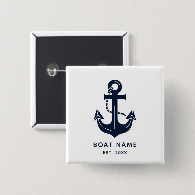 Nautical Navy Blue Custom Boat Name 2 Inch Square Button (Front & Back)