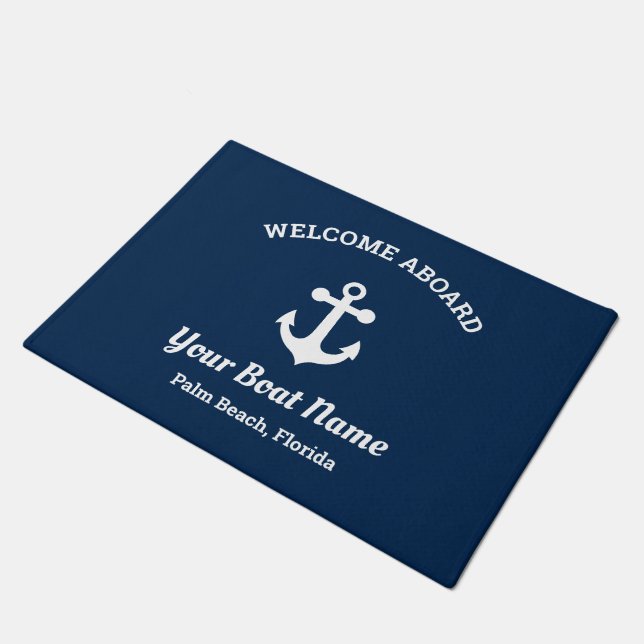 Nautical Navy Blue Custom Boat Name Anchor Doormat (Angled)