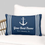 Nautical Navy Blue Custom Boat Name Anchor Lumbar Pillow<br><div class="desc">Nautical lumbar throw pillow in a horizontal format features an elegant boat anchor with preppy horizontal stripes. Personalize the custom text with your boat name and location. Design includes a classic coastal navy blue and white colour scheme.</div>