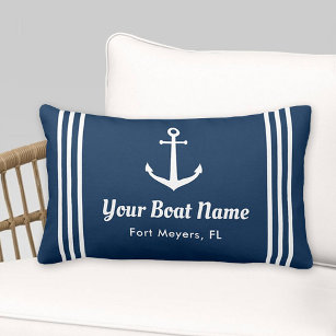 Nautical Navy Blue Custom Boat Name Anchor Lumbar Pillow