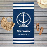 Nautical Navy Blue Custom Boat Name Beach Towel<br><div class="desc">Nautical beach towel in a vertical format features an elegant boat anchor framed by a knotted rope and accented with preppy horizontal stripes. Personalize the custom text with your boat name and location. Design includes a classic coastal navy blue and white colour scheme.</div>