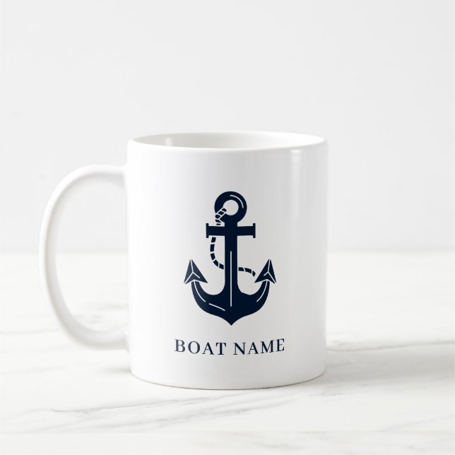 Nautical Navy Blue Custom Boat Name Coffee Mug (Left)