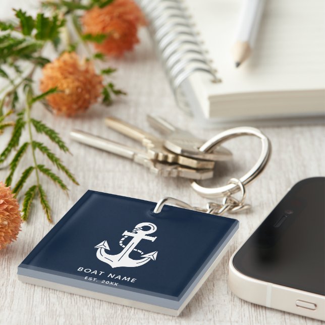 Nautical Navy Blue Custom Boat Name Keychain (Front Right)
