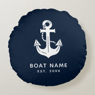 Nautical Navy Blue Custom Boat Name Round Pillow