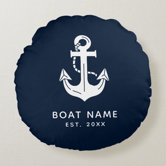 Nautical Navy Blue Custom Boat Name Round Pillow (Front)