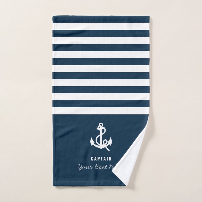 Nautical Navy Blue Custom Boat Name strié (Serviette à main)