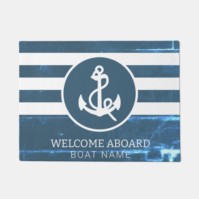 Nautical Navy Blue Custom Boat Name Welcome Aboard Doormat (Front)