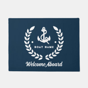 Nautical Navy Blue Custom Boat Name Welcome Aboard Doormat
