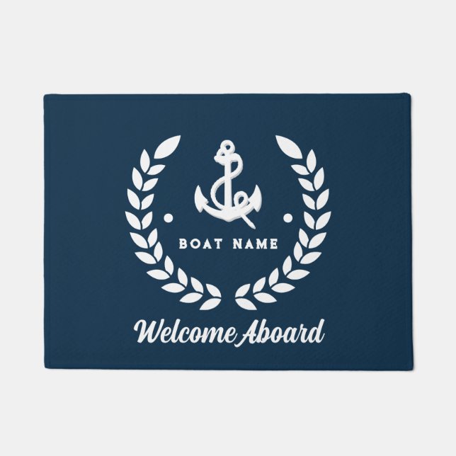 Nautical Navy Blue Custom Boat Name Welcome Aboard Doormat (Front)