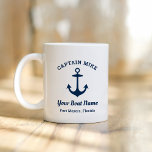 Nautical Navy Blue Custom Captain Boat Name Coffee Mug<br><div class="desc">Nautical custom coffee mug features a coastal style boat anchor with stylish typography design. Personalize the text with the name of the captain,  boat name,  and location. Makes a fun unique gift for boat owners. Classic navy blue and white colour scheme.</div>