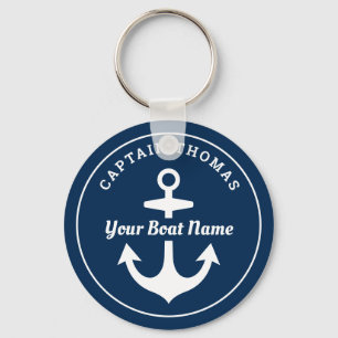 Nautical Navy Blue Custom Captain Boat Name Keychain