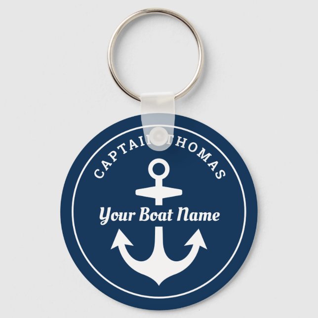 Nautical Navy Blue Custom Captain Boat Name Keychain (Front)