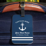 Nautical Navy Blue Custom Captain Boat Name Luggage Tag<br><div class="desc">Nautical custom luggage tag features a coastal style boat anchor with stylish typography design. Personalize the text with the name of the captain,  boat name,  and location. Makes a fun unique gift for boat owners. Classic navy blue and white colour scheme can be modified.</div>